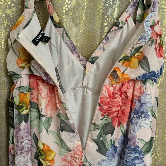 Express Pink Floral Spring Chiffon Tie Strap Tiered Dress Small NWT - Picture 8 of 9